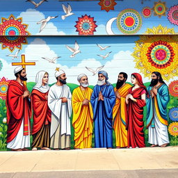 A vibrant mural depicting themes of religious moderation, showcasing a diverse group of individuals from various faiths such as Christianity, Islam, Buddhism, and Hinduism, standing together in harmony