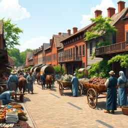 A vibrant scene depicting the American colonial period, illustrating economic reforms and infrastructure improvements that boosted trade and investment