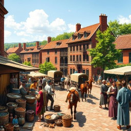 A vibrant scene depicting the American colonial period, illustrating economic reforms and infrastructure improvements that boosted trade and investment