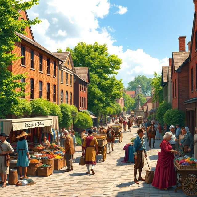 A vibrant scene depicting the American colonial period, illustrating economic reforms and infrastructure improvements that boosted trade and investment
