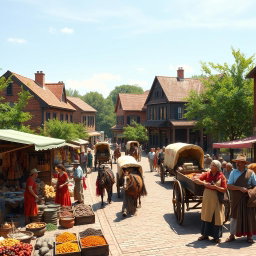 A vibrant scene depicting the American colonial period, illustrating economic reforms and infrastructure improvements that boosted trade and investment