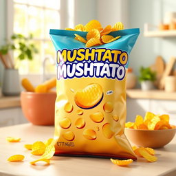 A realistic 3D product render of 'MUSHTATO' potato chips packaging, featuring a vibrant and eye-catching design with the brand name prominently displayed in bold, playful typography