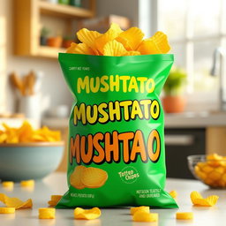A realistic 3D product render of 'MUSHTATO' potato chips packaging, featuring a vibrant and eye-catching design with the brand name prominently displayed in bold, playful typography