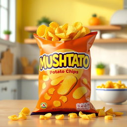 A realistic 3D product render of 'MUSHTATO' potato chips packaging, featuring a vibrant and eye-catching design with the brand name prominently displayed in bold, playful typography