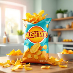 A realistic 3D product render of 'MUSHTATO' potato chips packaging, featuring a vibrant and eye-catching design with the brand name prominently displayed in bold, playful typography