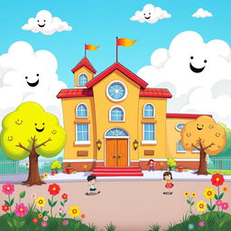 A colorful, cartoonish depiction of a cheerful school setting, featuring a whimsical school building with exaggerated features, bright colors, and playful architecture