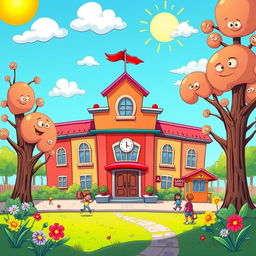A colorful, cartoonish depiction of a cheerful school setting, featuring a whimsical school building with exaggerated features, bright colors, and playful architecture
