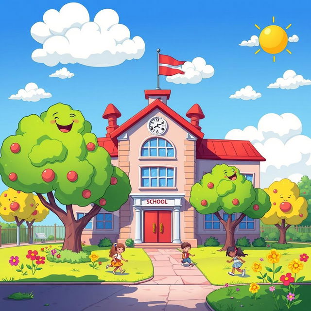 A colorful, cartoonish depiction of a cheerful school setting, featuring a whimsical school building with exaggerated features, bright colors, and playful architecture