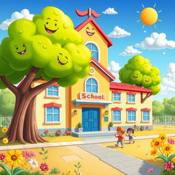 A colorful, cartoonish depiction of a cheerful school setting, featuring a whimsical school building with exaggerated features, bright colors, and playful architecture