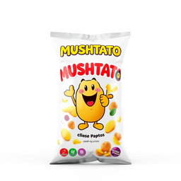 A highly detailed 3D rendering of a bag of MUSHTATO potato chips, featuring an eye-catching design with bright colors and a fun, whimsical mascot holding a potato