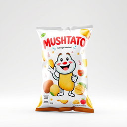 A highly detailed 3D rendering of a bag of MUSHTATO potato chips, featuring an eye-catching design with bright colors and a fun, whimsical mascot holding a potato