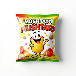 A highly detailed 3D rendering of a bag of MUSHTATO potato chips, featuring an eye-catching design with bright colors and a fun, whimsical mascot holding a potato