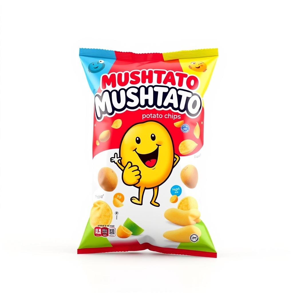 A highly detailed 3D rendering of a bag of MUSHTATO potato chips, featuring an eye-catching design with bright colors and a fun, whimsical mascot holding a potato
