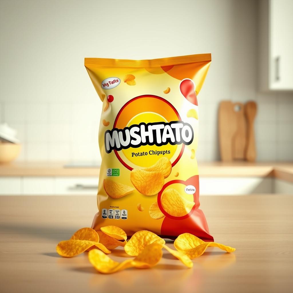 A realistic 3D rendering of a bag of 'MUSHTATO' potato chips, featuring an eye-catching design with bright colors and playful graphics