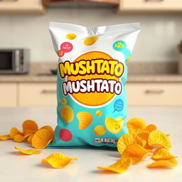 A realistic 3D rendering of a bag of 'MUSHTATO' potato chips, featuring an eye-catching design with bright colors and playful graphics