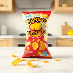 A realistic 3D rendering of a bag of 'MUSHTATO' potato chips, featuring an eye-catching design with bright colors and playful graphics