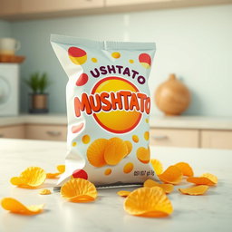 A realistic 3D rendering of a bag of 'MUSHTATO' potato chips, featuring an eye-catching design with bright colors and playful graphics