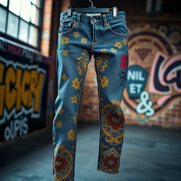 A fashionable pair of patterned jeans displayed prominently in a well-lit urban setting, showcasing intricate designs such as floral motifs and geometric shapes