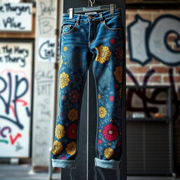 A fashionable pair of patterned jeans displayed prominently in a well-lit urban setting, showcasing intricate designs such as floral motifs and geometric shapes