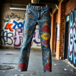A fashionable pair of patterned jeans displayed prominently in a well-lit urban setting, showcasing intricate designs such as floral motifs and geometric shapes
