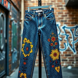 A fashionable pair of patterned jeans displayed prominently in a well-lit urban setting, showcasing intricate designs such as floral motifs and geometric shapes