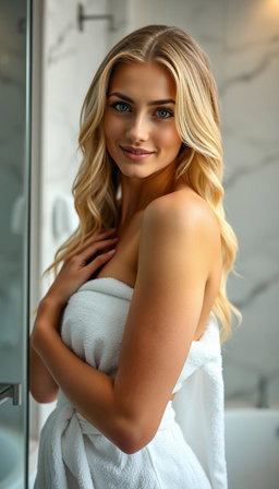 A stunning and cheerful blonde woman with long wavy hair and striking blue eyes stands in a modern bathroom, wrapped in a soft white towel, with her wet hair gracefully draped over her shoulder