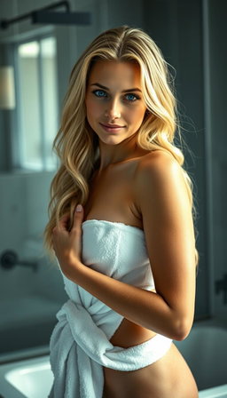 A stunning and cheerful blonde woman with long wavy hair and striking blue eyes stands in a modern bathroom, wrapped in a soft white towel, with her wet hair gracefully draped over her shoulder