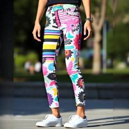 A stylish pair of patterned jeans featuring vibrant geometric designs in various colors