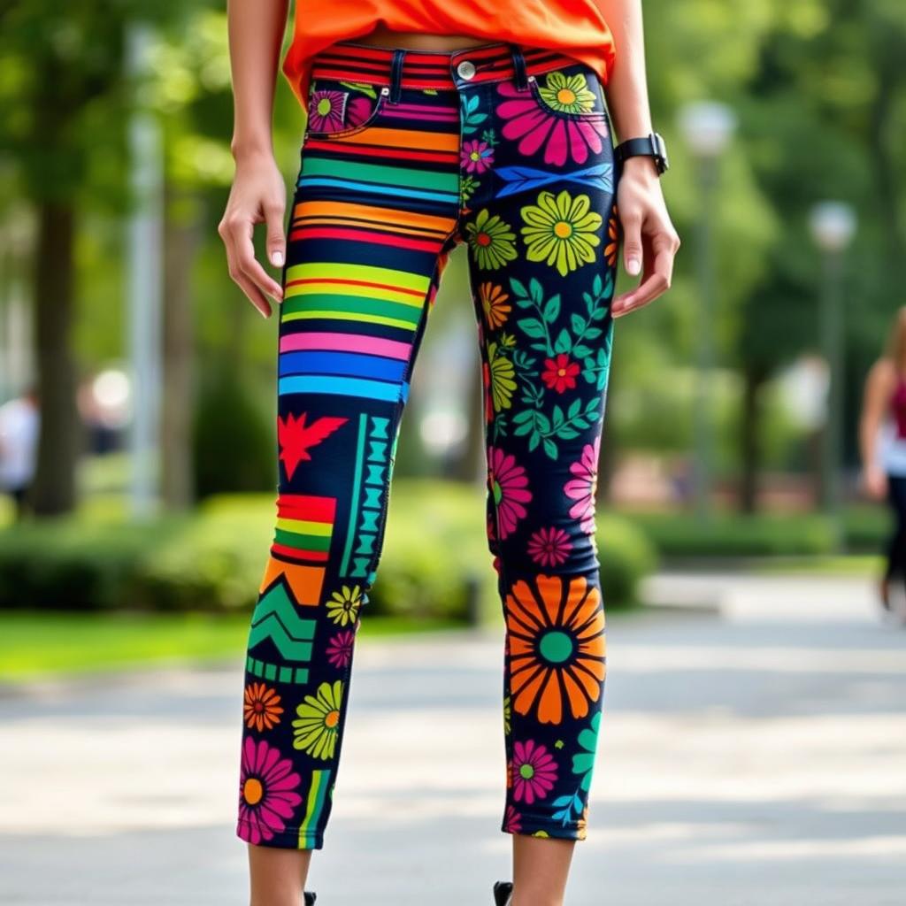 A stylish pair of patterned jeans featuring vibrant geometric designs in various colors