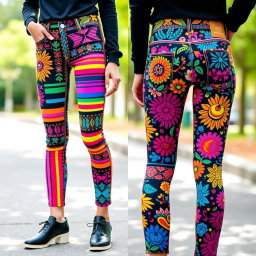 A stylish pair of patterned jeans featuring vibrant geometric designs in various colors