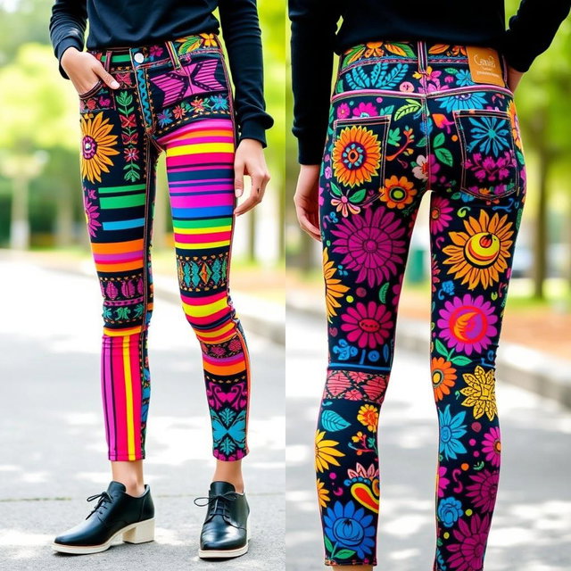 A stylish pair of patterned jeans featuring vibrant geometric designs in various colors