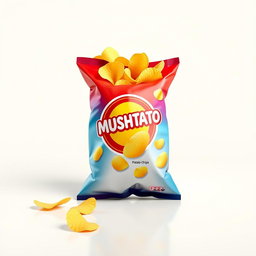 A realistic 3D product rendering of a snack bag labeled 'MUSHTATO' potato chips