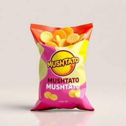 A realistic 3D product rendering of a snack bag labeled 'MUSHTATO' potato chips