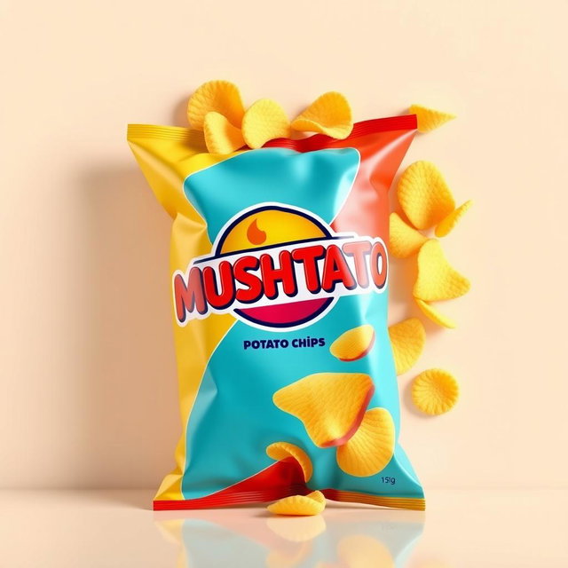 A realistic 3D product rendering of a snack bag labeled 'MUSHTATO' potato chips