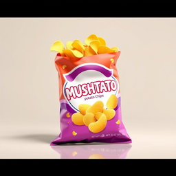 A realistic 3D product rendering of a snack bag labeled 'MUSHTATO' potato chips