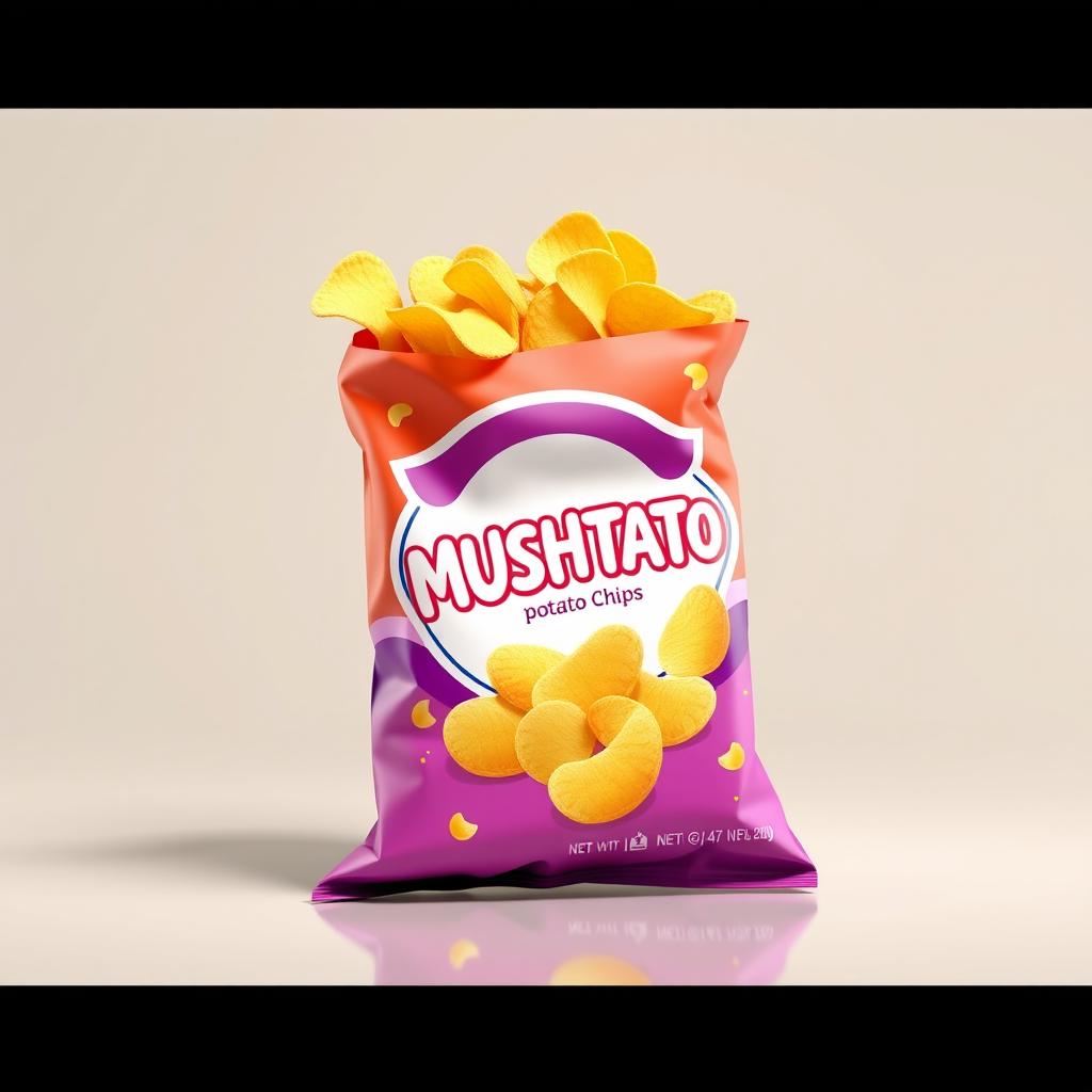 A realistic 3D product rendering of a snack bag labeled 'MUSHTATO' potato chips