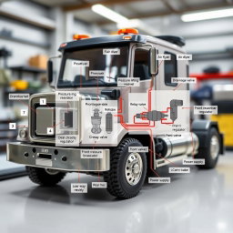A detailed and informative scene showcasing a scaled-down model of a heavy vehicle equipped with a Pneumatic ABS simulator for training