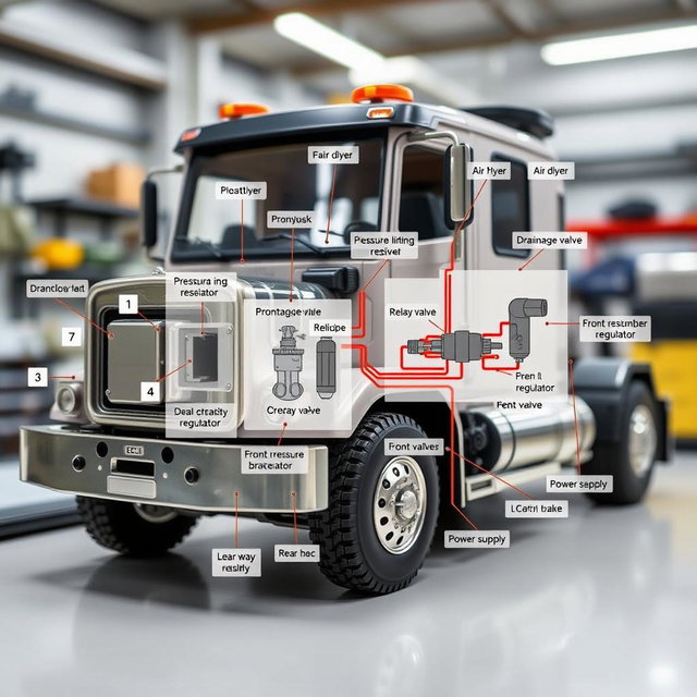 A detailed and informative scene showcasing a scaled-down model of a heavy vehicle equipped with a Pneumatic ABS simulator for training