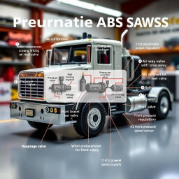A detailed and informative scene showcasing a scaled-down model of a heavy vehicle equipped with a Pneumatic ABS simulator for training