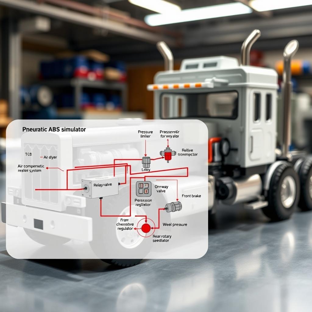 A detailed and informative scene showcasing a scaled-down model of a heavy vehicle equipped with a Pneumatic ABS simulator for training