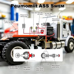 A detailed and informative scene showcasing a scaled-down model of a heavy vehicle equipped with a Pneumatic ABS simulator for training