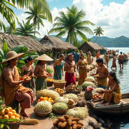 A historical scene depicting early Filipinos engaging in trade with neighboring countries