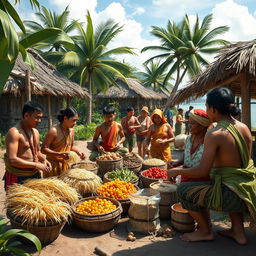 A historical scene depicting early Filipinos engaging in trade with neighboring countries