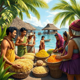 A historical scene depicting early Filipinos engaging in trade with neighboring countries