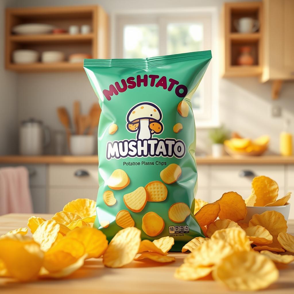 A photorealistic 3D rendering of a new brand of potato chips named 'MUSHTATO'