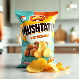 A highly detailed 3D render of a bag of "MUSHTATO" potato chips, showcasing the colorful and eye-catching packaging design featuring mushrooms and potatoes