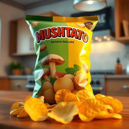 A highly detailed 3D render of a bag of "MUSHTATO" potato chips, showcasing the colorful and eye-catching packaging design featuring mushrooms and potatoes