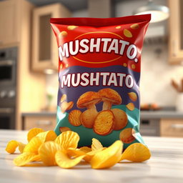 A highly detailed 3D render of a bag of "MUSHTATO" potato chips, showcasing the colorful and eye-catching packaging design featuring mushrooms and potatoes