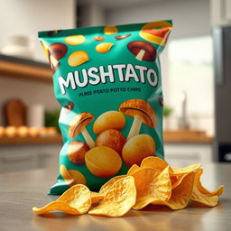 A highly detailed 3D render of a bag of "MUSHTATO" potato chips, showcasing the colorful and eye-catching packaging design featuring mushrooms and potatoes