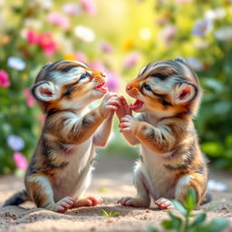 Two adorable baby animals playfully engaged in a light-hearted fight, their tiny paws playfully swatting at each other, with expressions of joy and curiosity on their faces